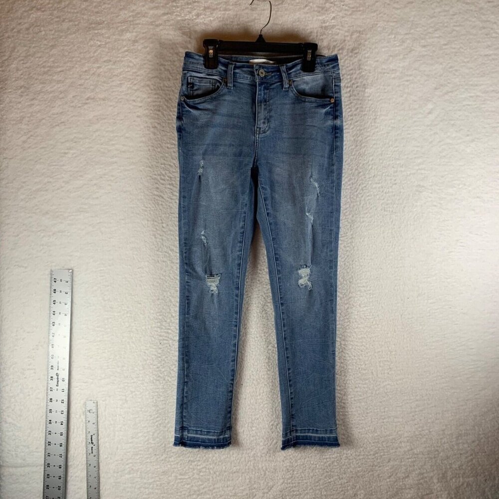 KanCan Bradwell Womens Mid Rise Distressed Blue Skinny Jeans Raw Hem Sz 27 9037